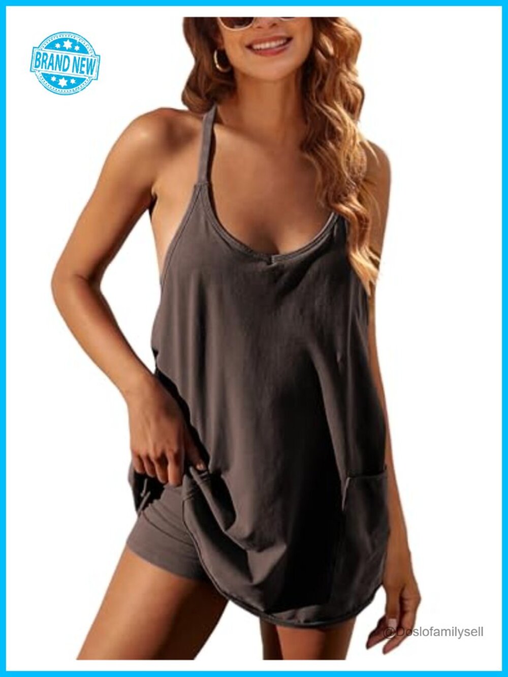 Women's Cotton Sleeveless Mini Dress with Pockets Spaghetti Strap Tennis